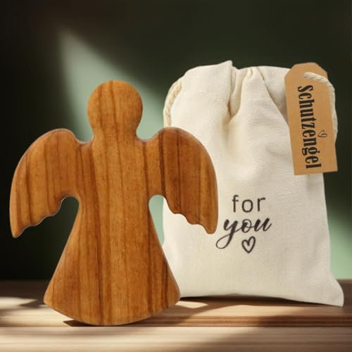 Holz Schutzengel Schulanfang Glücksbringer - Geschenk für Prüfung, Kommunion, Taufe - Für Mädchen und Jungen - Engel Mit Geschenkbeutel Gute Besserung