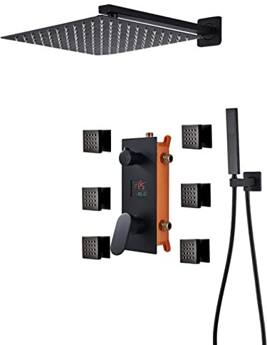Generisch Duschsystem, Temperaturanzeige, verdecktes Dusch-Kombi-Set, mattschwarzes Dusch-Mischbatterie-Set mit 6 Körperbrause mit Messing-Handbrause und Wasserfall-Regenduschkopf, 16 Zoll