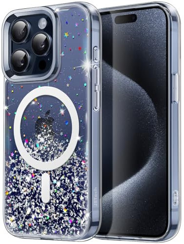 JETech Glitter Case for iPhone 15 Pro Max 6.7-Inch Compatible with MagSafe, Clear Cute Bling Sparkle for Women and Girls, Shiny Shockproof Magnetic Sparkly Phone Cover (Blue Titanium)