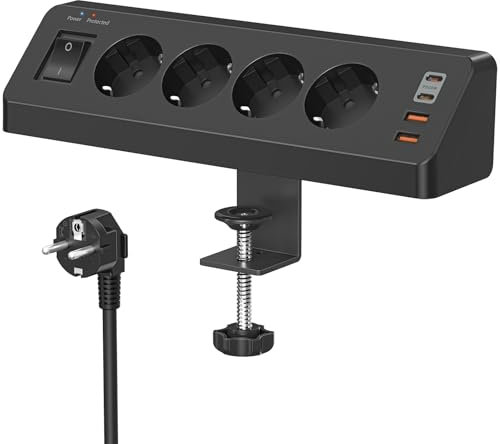 Toma de mesa con USB C (PD 20W), regleta 8 en 1, escritorio con interruptor, 4 enchufes múltiples, 4 USB, protección contra sobretensiones con cable de 2 m para el hogar y la oficina (negro)