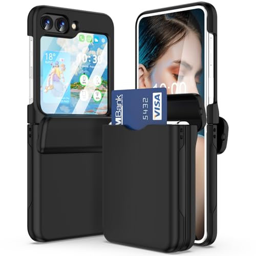 WATACHE for Samsung Galaxy Z Flip 6 Case with Hinge Protection Shockproof with Credit Card Holder ID Card Protective Cover Flip Z 6 Phone Case for Galaxy Z Flip 6 5G(Black)