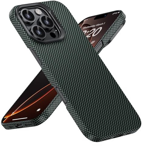 BENKS Custodia per iPhone 16 Pro Max, Compatibile con Magsafe, Ultra Sottile Magnetica Cover in Dupont Kevlar 1000D Fibra Aramidica, Verde Aurora