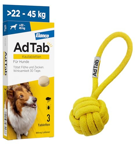 AdTab Hund 22-45 kg - Kautablette gegen Zecken & Flöhe, Set mit Wurfball | Promo-Set mit 3 Tabletten u. Spielzeug. Kautablette mit Rindfleischgeschmack, 3 Monate Zeckenschutz & Flohschutz.