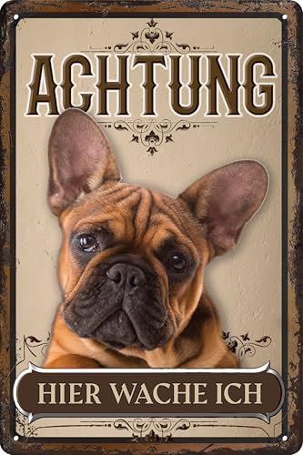 30 x 20 cm wetterfestes Blechschild, Warnhinweis, Torschild, Achtung, hier Wache ich! Warnung vor dem Hund (Französische Bulldogge 2)