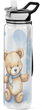 OWFKAY Bouteille d'eau de 950 ml avec paille Tritan sans BPA - Ourson - Avec poignée de transport - Anti-fuite - Parfaite pour les voyages, l'école, la gym, le fitness en plein air