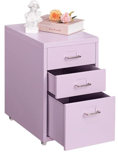 HollyHOME Mobiler Aktenschrank mit 3 Schubladen, rollbarer Aktenordner unter dem Schreibtisch, Aufbewahrungsschrank aus Metall mit Rollen für Zuhause und Büro,Lavendel