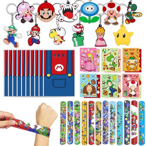 46 Stück Mario Party Gastgeschenke Kinder, Kindergeburtstag Party Mitgebsel Set mit Schlüsselanhänger Schnapparmbänder Geschenktüten Tattoo Aufkleber Give Aways Partygeschenk für Jungen Mädchen (46)