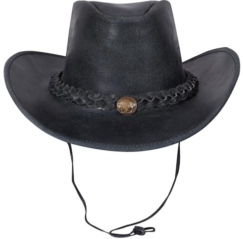 URBAN 5884 Cowboyhut aus echtem Leder, Western-Hut aus Rindsleder mit Verstellbarer Krempe und Kinnriemen - Grau, XL