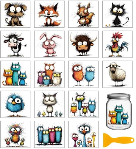 GLOBLELAND 18 Blatt lustige Tiere Rub On Sticker Hund Fuchs 3.9x3.6 Zoll Transferaufkleber Kuh Kaninchen Hochlandrind Rub On Folie Aufkleber Aesthetic Für Möbel Glas Holz DIY Aufkleberästhetik