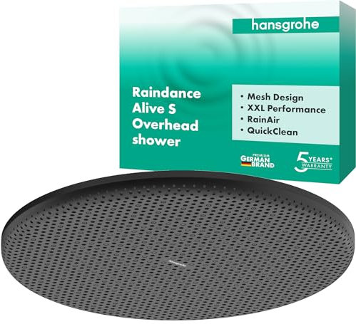hansgrohe Raindance Alive S 24520670 Pommeau de douche, rond, 300 mm, 1 type de jet, pour montage mural ou au plafond, avec fonction anti-calcaire, noir mat