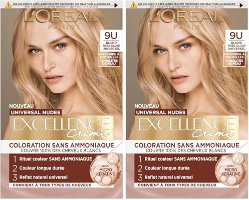 L’ORÉAL PARIS - Coloration Cheveux Cheveux Permanente - Sans Ammoniaque - Couvre 100% des Cheveux Blancs - Excellence Crème Universal Nudes - Nuance : Blond Très Clair Universel (9) (Lot de 2)