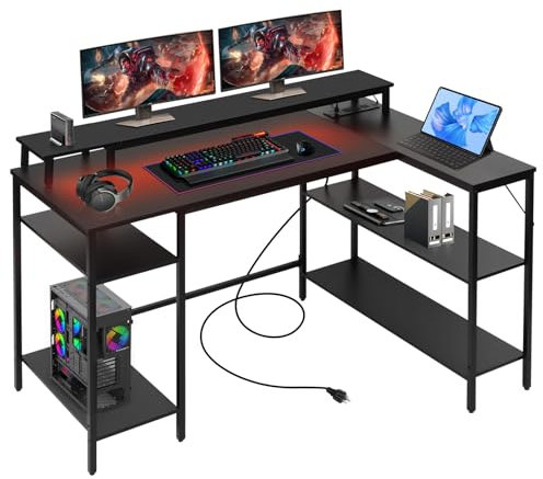 Panana L Shaped Computer Desk with LED Lights & Power Outlets, 116x79cm Reversible Corner Office Desk with Monitor Stand and Shelves, Gaming Desk with Shelves for Home Office, Black
