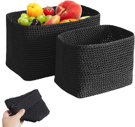 Storage Braided Crochet Basket, Set of 2 Square Stackable Crochet Baskets, Storage Basket Baskets, Basket Bathroom, Small Basket, Small Basket, for Hair Clips Storage, Bags and Jewellery, Black