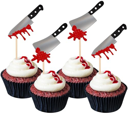 12 Piezas Cake Topper de Cuchillo Ensangrentado para Halloween, Purpurina Horror Cuchillo de Sangre Palillos Cupcakes, Adornos para Cupcakes de Halloween, para Cumpleaños, Fiesta Temática