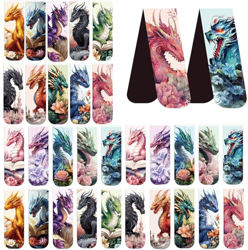 Mythischer Drache Magnetische Lesezeichen: 30 Stück verzaubertes Lesezeichen-Set, 15 metallisch-goldene, schwarze Smaragddrachenmuster, perfekt für fantasievolle Leser, Buchliebhaber und