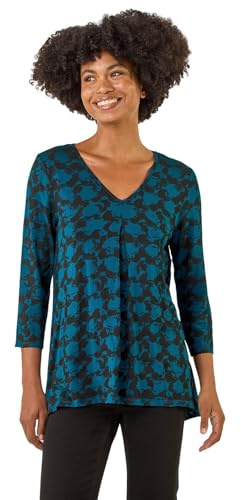 Roman Originals Leaf V Neck Stretch Jersey Top for Women UK Ladies Pleated Shirt Notch V Neck Blouse Summer Tunic Pull-On Soft Evening Holiday Work Party Everyday - Maroon - Size 18