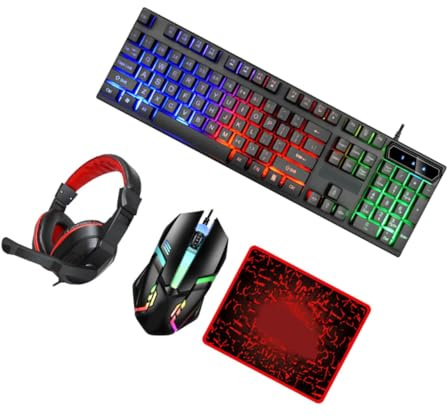 Didiseaon Wired Gaming Keyboard Mouse Combo with Backlit Rgb Ergonomic Headset and Non-slip Mouse Pad for Office Smooth Touch Keys and Stitched Edges