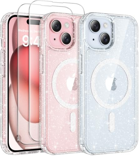 AROYI for iPhone 15 Case, Compatible with Mag Safe, Glitter Transparent & Shockproof Acrylic, Anti-Yellowing Magnetic Sparkle Bling Phone Case for Women and Girls, Clear