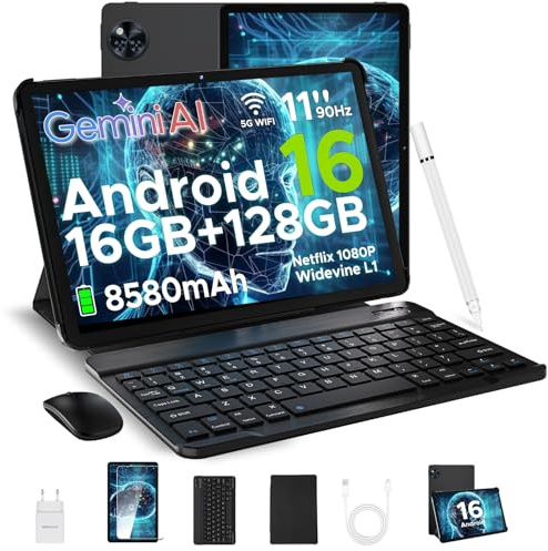 U11 Android 16 Tablet 11 Pollici Gemini AI, 16GB+128GB/2TB TF , 90Hz, 8580mAh, Gaming Tablets Unisoc T7200 Octa Core/13MP+5MP/Widevine L1/WiFi 5/Face ID, Tablet con Tastiera,Penna, Mouse, Case - Nero