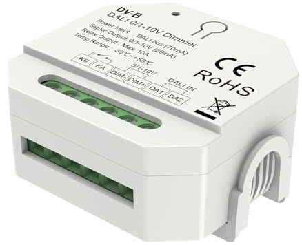 Mini-Wandler DALI auf 0-10 V 1-10 V, LED-Dimmer mit Relais 10 A, 1 K, betrieben durch Bus 16 V (70 mA), Output Driver 0/1-10 V (20 mA) und einfarbige LED-Lichter, 56 x 56 x 28 mm zum Einbau