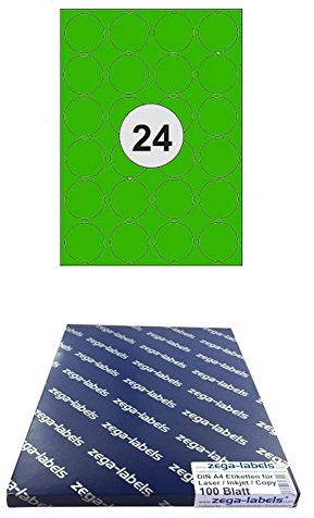 2.400 Etiketten 40 mm rund GRÜN selbstklebend auf DIN A4 Bögen (4x6 Etiketten) - 100 Blatt Pack - Universell für Laser/Inkjet/Kopierer/Farblaser einsetzbar - 40mm Durchmesser 24-teilig