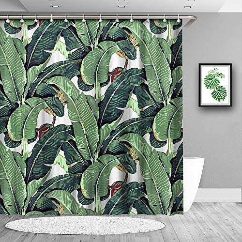 True Holiday Rideau de douche motif feuille de bananier - Vert foncé - Rideau de salle de bain en polyester imperméable - Avec 12 crochets de rideau - 183 x 183 cm