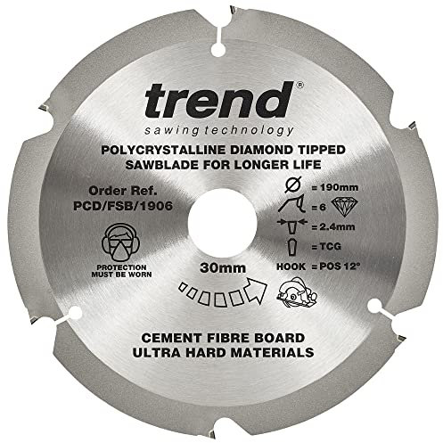 Trend PCD Fibre Cement Circular Saw Blade, 190mm Diameter, 30mm Bore, 6 Teeth, 2.2mm Kerf, +12° Hook, PCD, Coarse Finish, PCD/FSB/1906