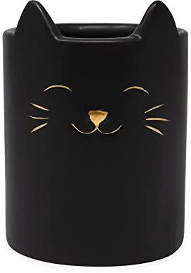 Isaac Jacobs Black Ceramic Cat Makeup Brush Holder, Multi-Purpose Cup Organizer. Bathroom, Kitchen, Bedroom, Office Décor (Single Cup, Matte Black)