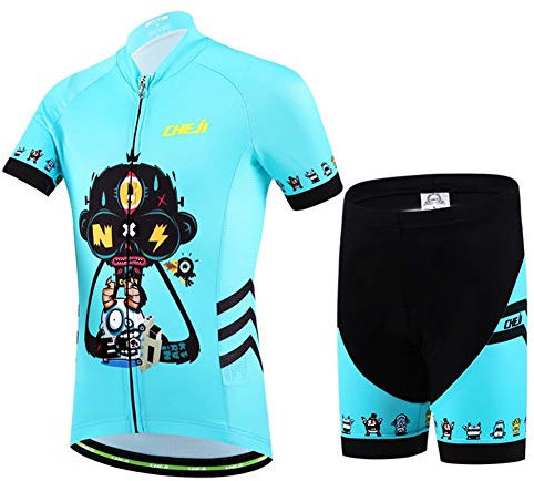 Baotung Kinder Radtrikot Set Fahrrad Trikot Kurzarm + Radhose mit Sitzpolster, Cartoon, Gr.134/140 (Tag XL)