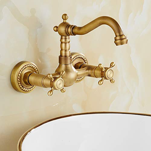 Robinet évier cuisine rétro mural 2 poignées, mitigeur évier vintage bec rotatif 360 degrés eau chaud froid, robinetterie mélangeur universel lavabo salle de bain bec pivotant or