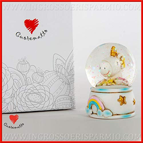 Ingrosso e Risparmio Cuorematto – Bola de cristal con nieve y unicornio de resina con arcoíris, recuerdo solidario para nacimiento, bautizo, con caja de regalo incluida (sin embalaje)
