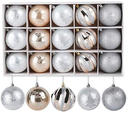 Adorfine 15 Stück Weihnachtskugeln Ornamente Christbaumkugeln aus Kunststoff Weihnachtsbaum Anhänger Ballkugel für Weihnachten Hochzeitsfest Dekoration(Silber/Champagner Gold,Ø 8cm)