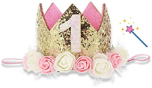 Baby 1 Jahr Geburtstag Krone, Prinzessin Geburtstag Mädchen Krone, Baby Haarband Geburtstagshut mit Pailletten und Rosendekor, Mädchen Geburtstagskrone Ideal 1.Geburtstag Geschenk und Geburtstagsdeko