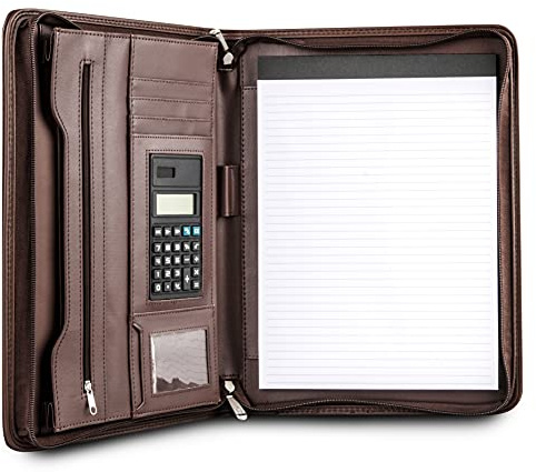 Cossini Premium Business Portfolio with Zipper – Padfolio - Superior Business Impressions Begin with PU Vegan Leather, 10.1 Inch Tablet Sleeve, Smart Storage, Solar Calculator, Writing Pad -Brown