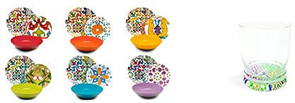 Excelsa Lisbona Servizio Piatti 18 Pezzi, Porcellana e Ceramica, Multicolore & Maioliche Set 6 Bicchieri Acqua con Fondo Decorato, 340 ml, Vetro, Multicolore