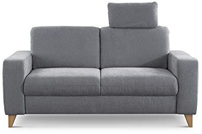 CAVADORE 2er Sofa Lotta / Skandinavische 2-Sitzer-Couch mit Federkern, Kopfstütze und Holzfüßen / 173 x 88 x 88 / Webstoff, Hellgrau