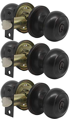 PinLin 3 Pack Entry Door Lock Sets for Front Door or Office, Stainless Steel Entrance Door Knob with Oil Rubbed Bronze Finish, Exterior Round Door Lock with 3 Keys
