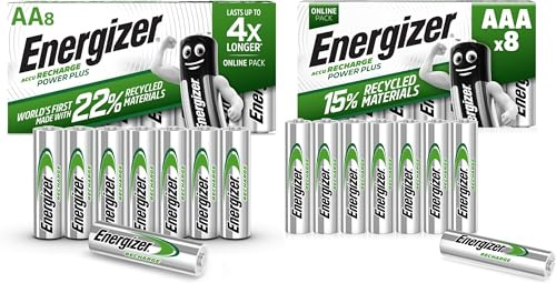 Energizer Recharge Power Plus - Pila Recargable AA e AAA (Paquette de 16) - precargada - para Dispositivos Uso frecuente y Cientos de recargas - Embalaje 100% reciclable