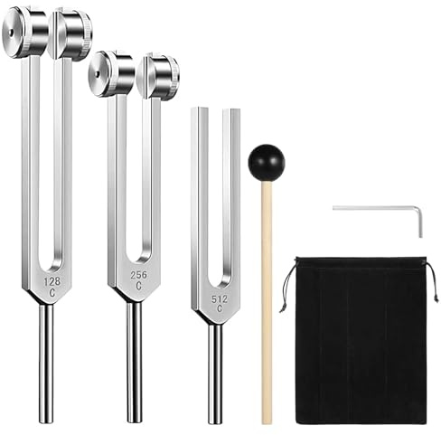 GOGHOST Tuning Fork Set (128Hz, 256Hz, 512Hz) of 3, Aluminum Forks with Hammer, Carry Bag for Chakra Healing Medical Sound Bath Instruments, Sound Therapy
