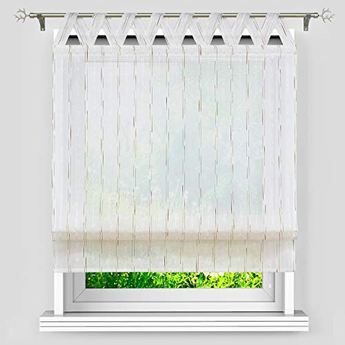 Heichkell Transparent Raffrollo V-Schlaufen Raffgardine mit Leinen-Optik Bändchenrollo Gardinenschals mit seitlicher Schnur Weiß HxB 140x80cm