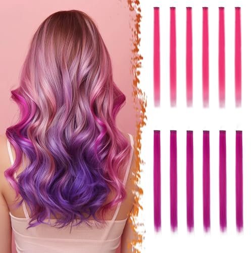 BARSDAR Extension Clip Capelli Colorati per Donne, 12 Pcs Colored Clip In Hair Extensions Colorate Rainbow Party Highlights Posticci Sintetici Estensioni Rosa Rosa e viola d'uva da 55cm