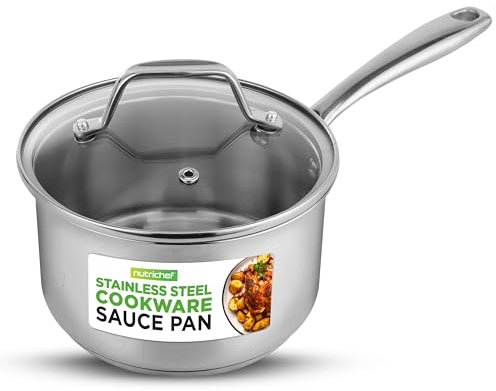 NutriChef Cacerola de acero inoxidable de 2 cuartos – Utensilios de cocina resistentes de grado alimenticio 18/8, olla para salsa, olla de estofado, olla a fuego lento con tapa transparente, apta para