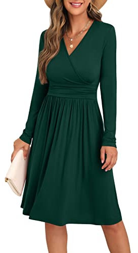 GRECERELLE Womens Autumn Wrap Dress Ladies Casual Long Sleeve V-Neck Midi Dresses for Women (Dark Green, XL)