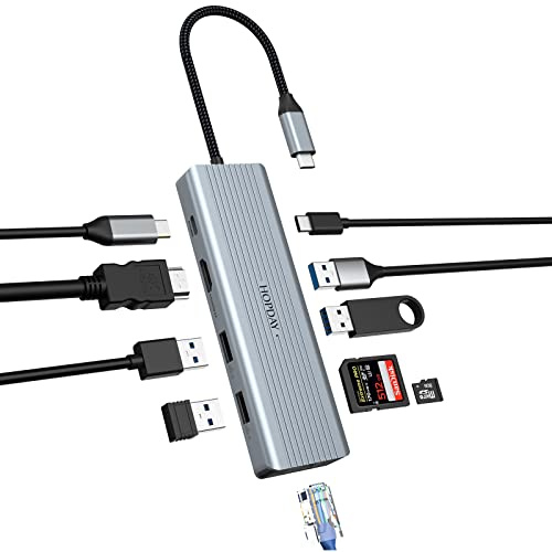 Hopday USB C Hub, 10 en 1 Monitor Dual USB C Docking Station, Adaptador USB C portátil (1G Ethernet, 4K HDMI, USB 3.0, PD 100W, Mic de 3.5 mm, Lector SD/TF) para MacBook Pro/Air, HP, Lenovo, DELL