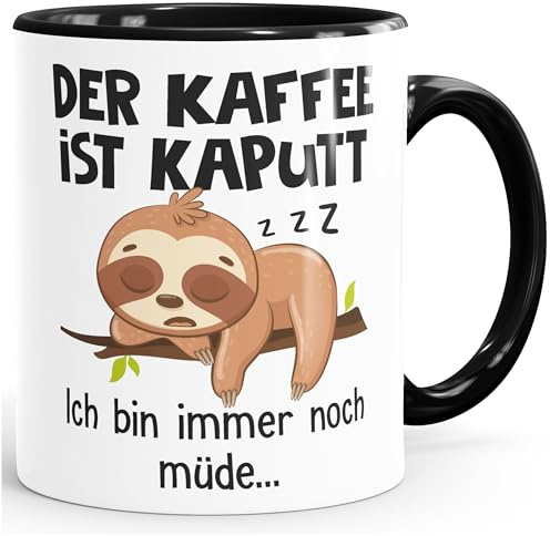 MoonWorks® Kaffee-Tasse mit Spruch Der Geist ist willig Der Körper ist chillig Faultier Bürotasse lustige Kaffeebecher Weiss-innen-schwarz standard