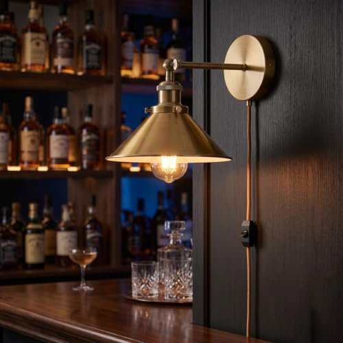 LEDSone Retro-Wandleuchte mit 2 m Stecker Kabel und Dimmschalter, Edison Metall Swing E27 Wandleuchte, Vintage Industrial Indoor Reading Nachttischlampe (Messing)