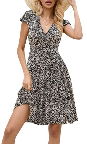 Zeagoo Womens V Neck Dresses Casual Short Sleeve Wrap Dress Summer A Line Beach Dresses Floral Mini Sundress Black White Leaves S