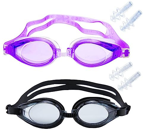 Wowtlmy Kids Swimming Goggles 2 Pack - Silicone Waterproof Goggles for Girls and Boys With Clear Lenses and Adjustable Shoulder Straps(Purple/Black)