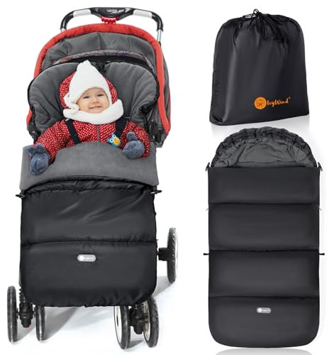 Ivywind Fußsack Kinderwagen Winter, Wasserdicht Fußsack Buggy mit Kordelzug, Universeller Fusssack Kinderwagen Baby mit Verstellbarer Reißverschlus, Abnehmbar und Waschmaschinenfest, Schwarz & Grau