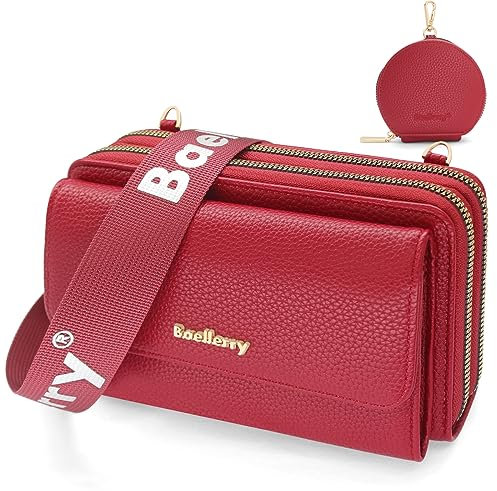 HNOOM Handytasche zum Umhängen Kleine Handy Umhängetasche Damen PU Leder Handytasche mit Geldbörse zum Umhängen Crossbody Schultertasche mit Kartenfächer, Verstellbarem Schultergurt (Weinrot)
